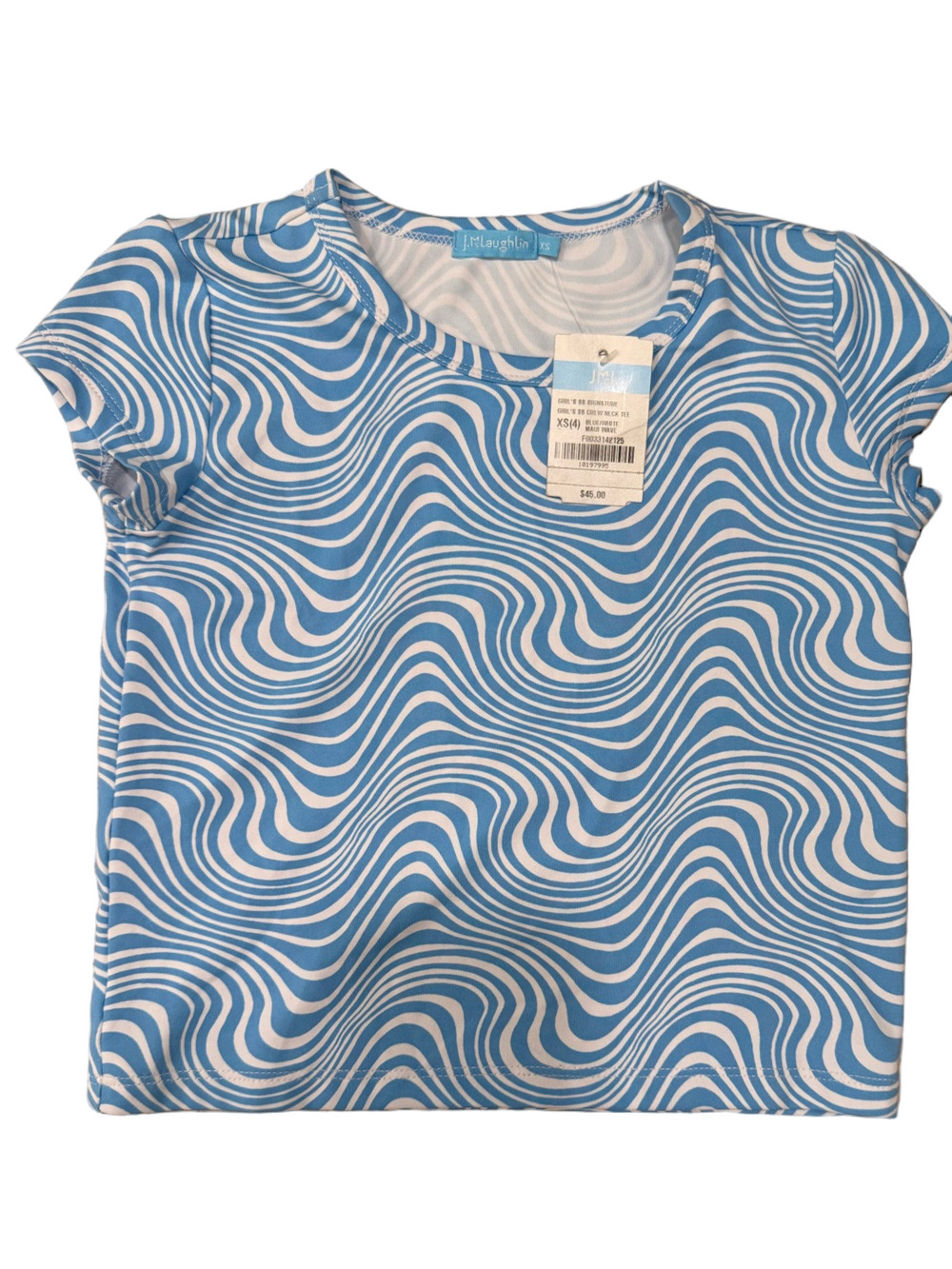 J. McLaughlin Girls Signature Crew Neck Tee Blue White Wave Print Size 4 NWT